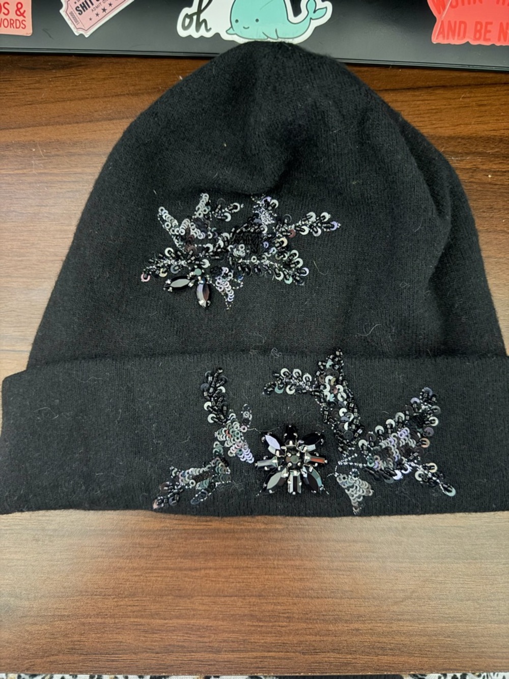 NWT Club Monaco Black Sequin Embellished Knit Beanie
